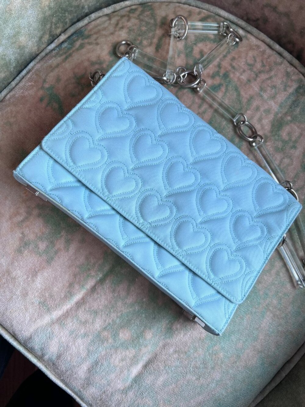 Escada Vintage Quilted Heart Ice Blue Shoulder Bag with Acrylic Chain Strap